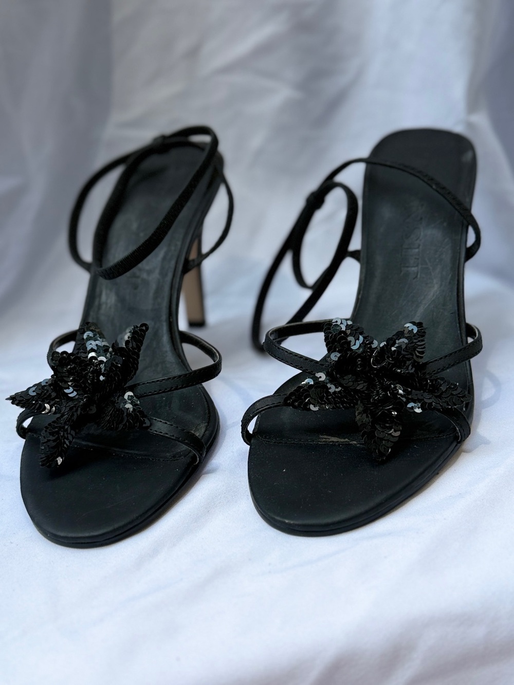 New York Transit Black Sequin Floral Strappy Heels